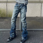 Men's Retro Acid-Washed Exposed Button-Fly Relaxed Bootcut Full-Length Denim Jeans