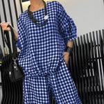 Plaid Round Neck Half Sleeve Top and Pants Set -runwayfashionista.com