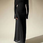 Off-Shoulder Maxi Dress With Glitter Detail And Mesh Sleeves - black
