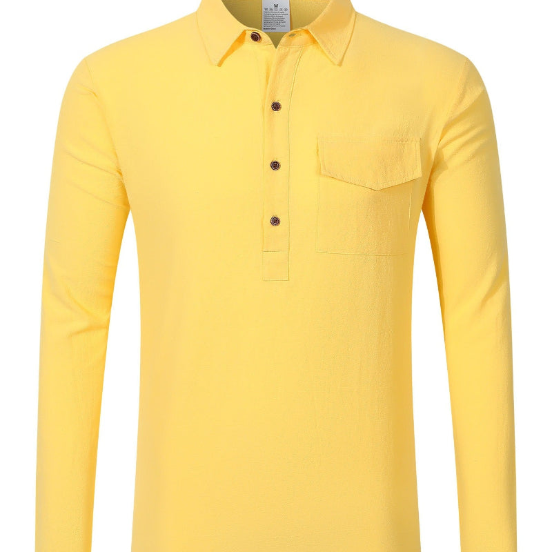 Men's Linen Blend Half-Button Shirt - yellow