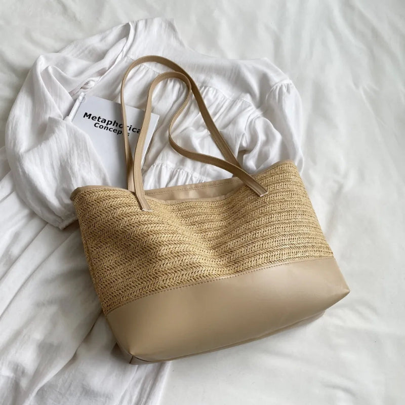 Chic Straw Weave Tote with Leather Straps - runwayfashionistacom