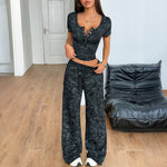 Short Sleeve Wide Leg Long Pants Set