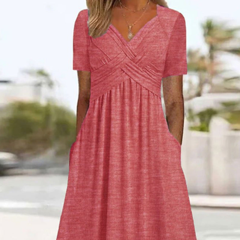 Gemini saidEffortless Chic: The V-Neck Short Sleeve Pocket Midi Dress - pink