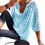 Romantic Sophistication: The U-Neck Hollow Out Lace Patchwork Top - blue