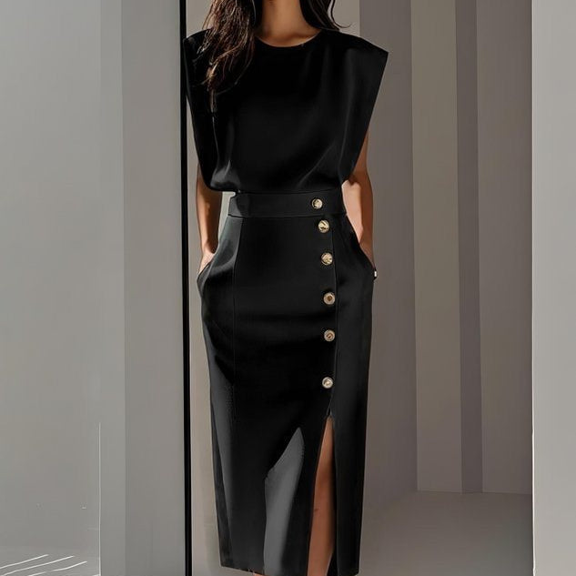 Casual Sleeveless Midi Dress - black