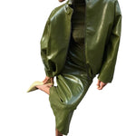 Faux Leather Batwing Zip Jacket & Fitted Midi Skirt Co-Ord - olive green
