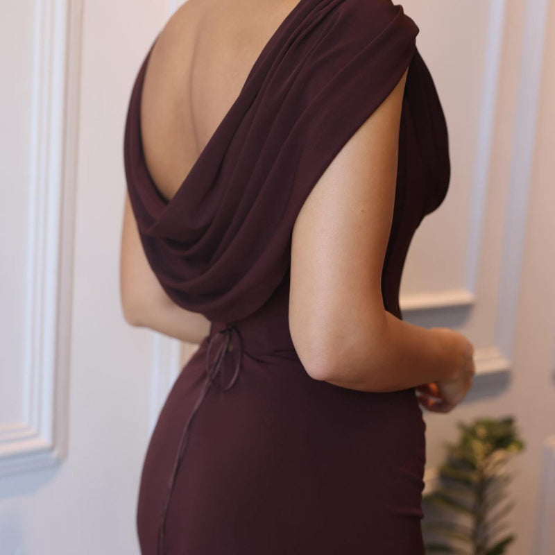 Brown Swoosh Collar Sleeveless Maxi Dress