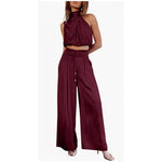 Casual Sleeveless Midriff-baring Top And Wide Leg Pants 2pcs Set - maroon