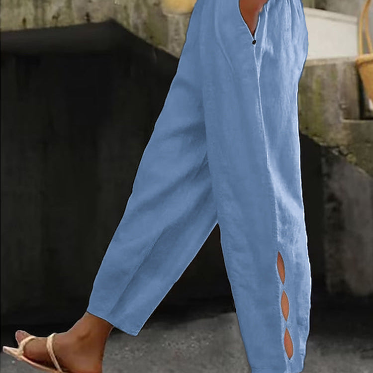 Button-Adorned Bottom Hem Pants - blue