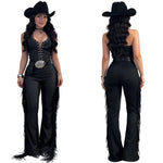 Lace-Up Halter Fringe Wide-Leg Jumpsuit