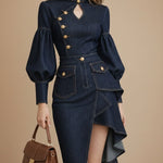Architectural Indigo Denim Midi Dress-Military Gold-Tone Hardware & Bishop Sleeves