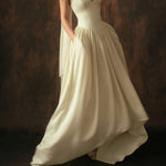 Cream Satin V-Neck Fitted Bodice Full A-Line Gown with Sheer Scarf