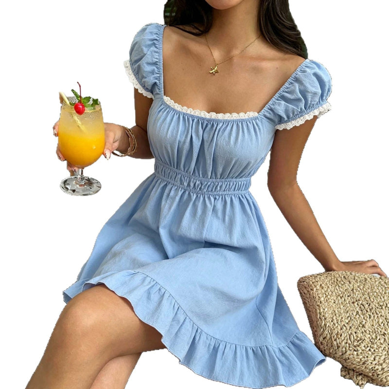 French-Style Square-Neck Puff-Sleeve A-Line Dress - blue