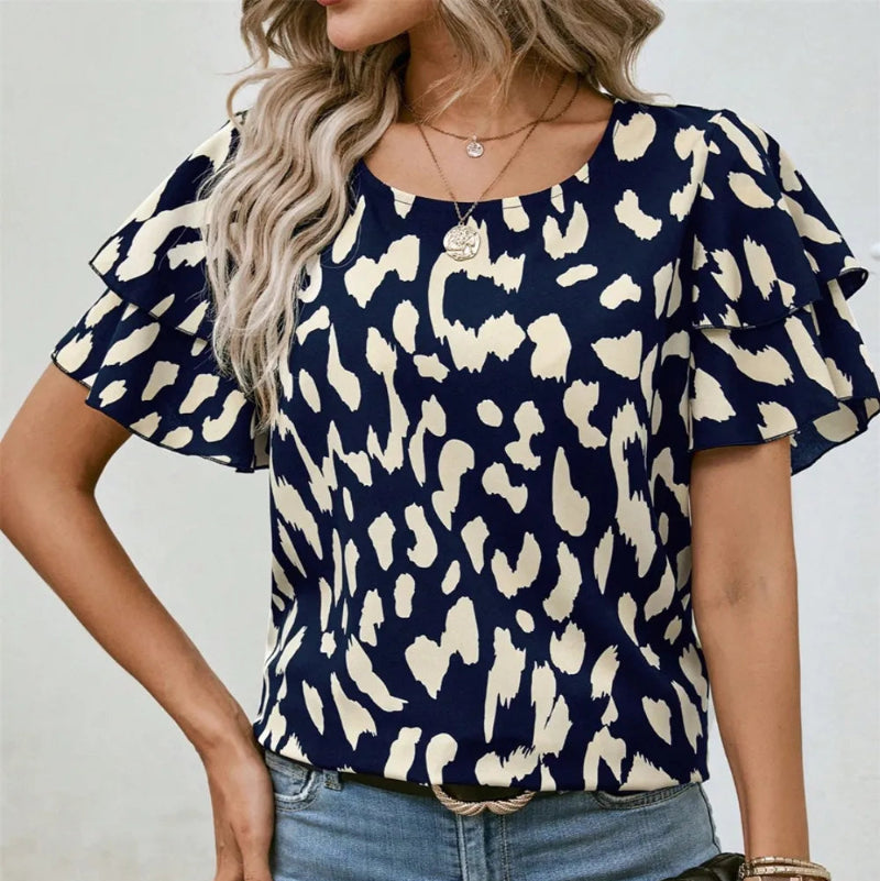Ruffled Printed Round Neck Short Sleeve Blouse - runwayfashionista.com