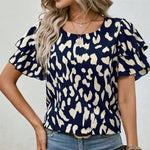 Ruffled Printed Round Neck Short Sleeve Blouse - runwayfashionista.com