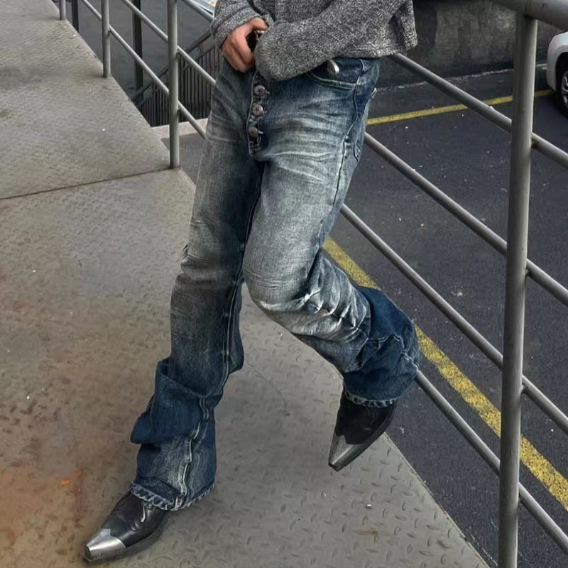 Men's Retro Acid-Washed Exposed Button-Fly Relaxed Bootcut Full-Length Denim Jeans