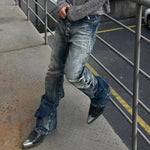 Men's Retro Acid-Washed Exposed Button-Fly Relaxed Bootcut Full-Length Denim Jeans