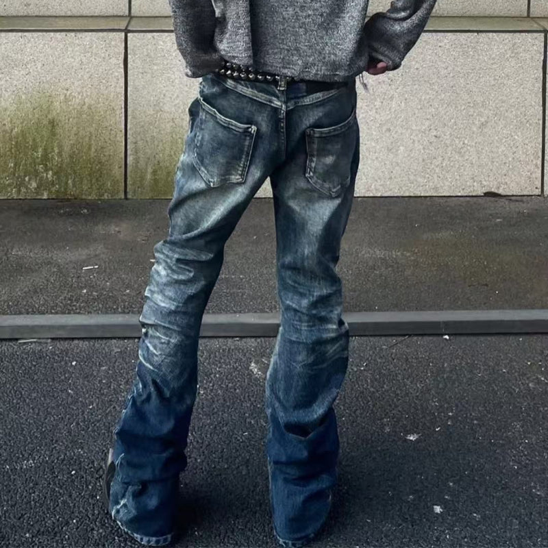 Men's Retro Acid-Washed Exposed Button-Fly Relaxed Bootcut Full-Length Denim Jeans