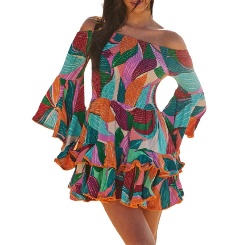 One-Shoulder Flared Sleeve Ruffle Mini Dress - Orange