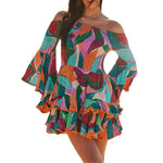 One-Shoulder Flared Sleeve Ruffle Mini Dress - Orange