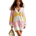 Pastel Striped V-Neck Knit Mini Dress