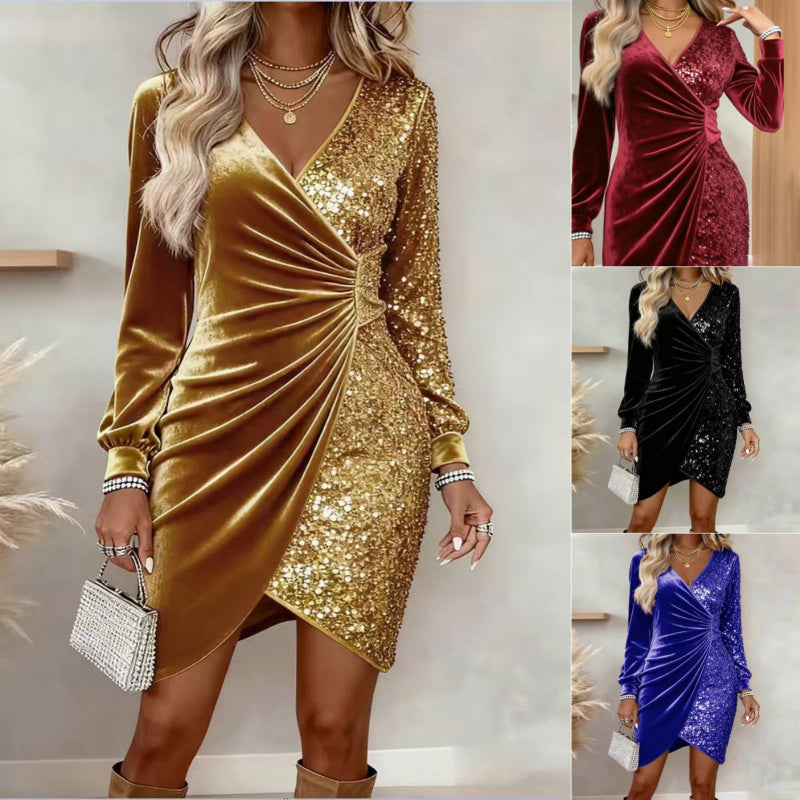 V-neck Sequin Velvet Bodycon Dress