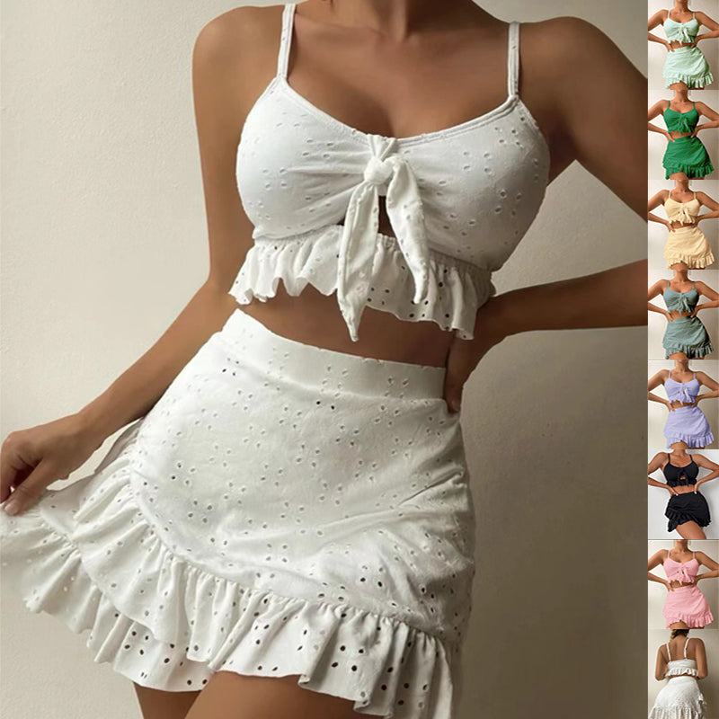 Broderie Anglaise Tie-Front Crop Top, Bikini Bottom & Ruffle Mini Skirt 3-Piece Beach Set - white