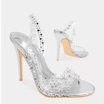Embellished Clear Strap Metallic Stiletto Sandals - silver
