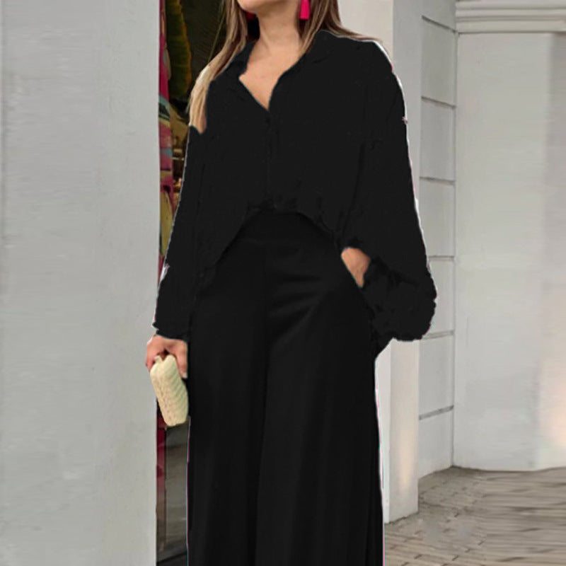 Fashionable Printed Wide-leg Pants - black
