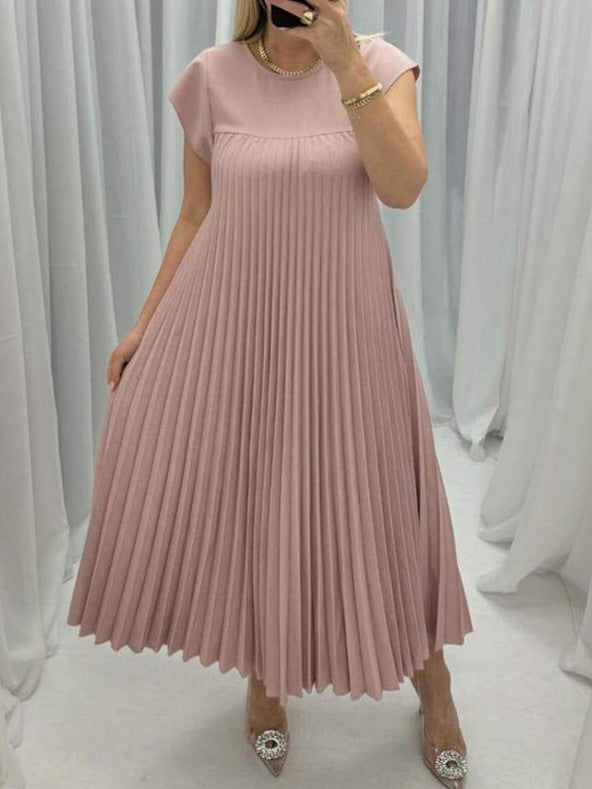 Short Sleeve Pleated Midi Dress - pink