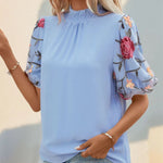 Embroidered Mock Neck Puff Sleeve Blouse - runwayfashionista.com