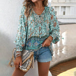 Floral Loose Full Sleeve Top - blue