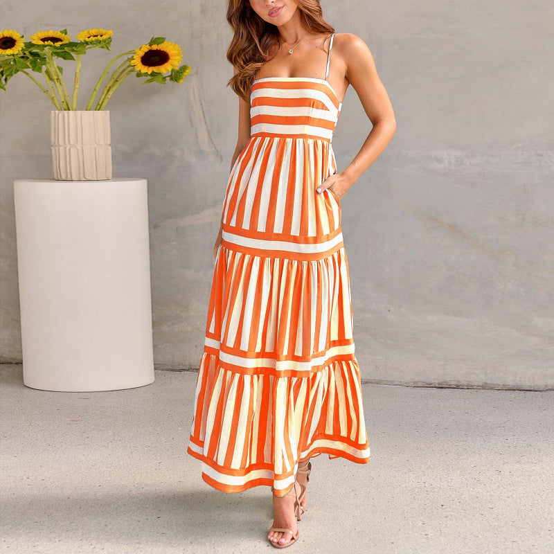 Striped Printed Suspender Long Midi Dress - orange and white