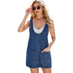 Blue Denim Pinafore Mini Dress with Pockets