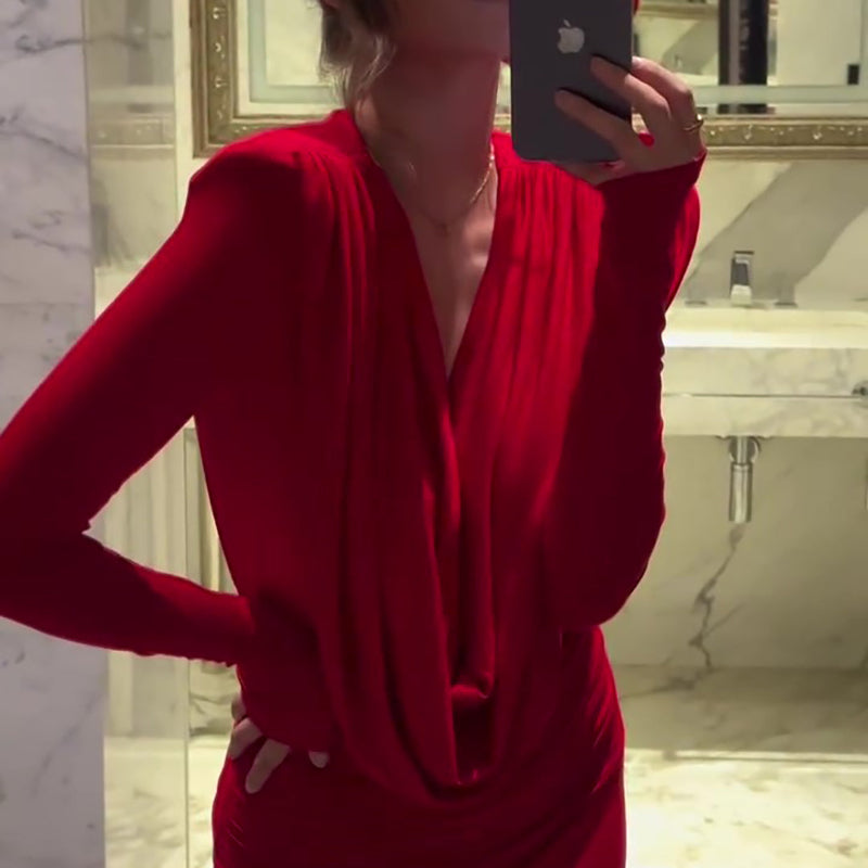Red Swing Neck Long Sleeve Slim Maxi Dress