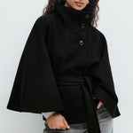 High Neck Batwing Sleeve Coat With Belt - black