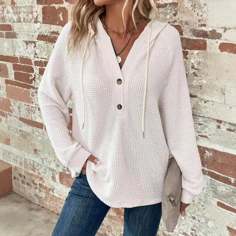 Long-sleeved Drawstring V-neck Hooded Sweater - white