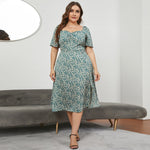 Square Neck Waist Open Long Floral Dresses