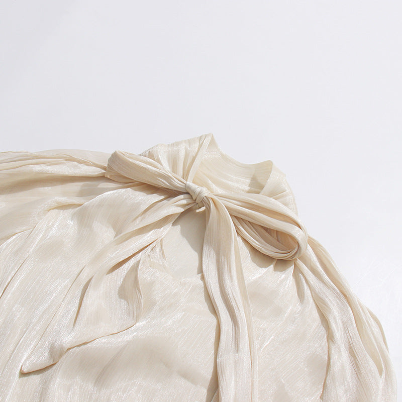 Apricot Cream Satin Cold-Shoulder High-Halter Billowy Sleeve Ruffled-Cuff Asymmetric Blouse