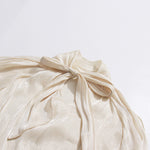 Apricot Cream Satin Cold-Shoulder High-Halter Billowy Sleeve Ruffled-Cuff Asymmetric Blouse