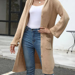 Pocketed Button Up Long Sleeve Hooded Cardigan - runwayfashonista.com