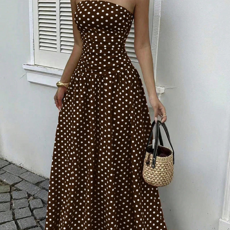 Elegant Polka-dot Off-shoulder Midi Dresses - brown