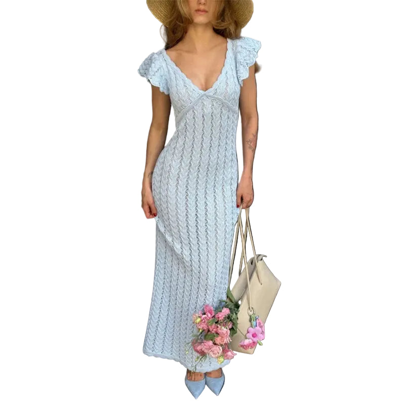 Flutter Sleeve V-Neck Openwork Maxi Dress - blue