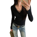 Mesh Spliced White V-Neck Slim Fit Inner Knit Top - black