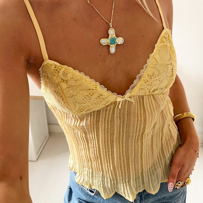 Yellow Lace Pleated Tank Top