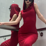 Chic Red Hooded Sleeveless Maxi Dress