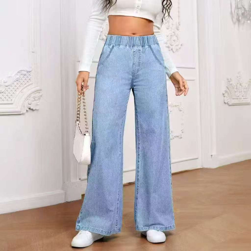 Elastic-Waist Wide-Leg Jeans - light blue