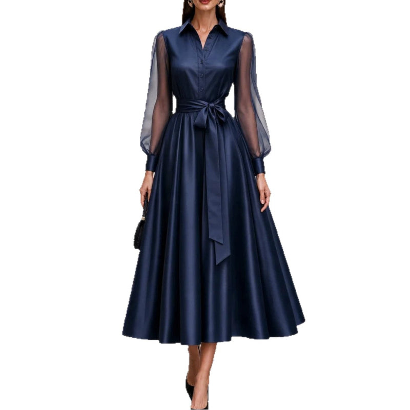 Sheer-Mesh-Sleeve Shirt-Collar V-Neck Self-Tie Bow-Belt Voluminous A-Line Midi Dress — dark blue, S–2XL