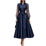 Sheer-Mesh-Sleeve Shirt-Collar V-Neck Self-Tie Bow-Belt Voluminous A-Line Midi Dress — dark blue, S–2XL
