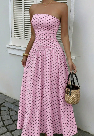 Elegant Polka-dot Off-shoulder Midi Dresses - pink